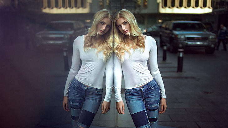 women's white long-sleeved shirt, women, photography, model, mirror, reflection, looking at viewer, long hair, HD wallpaper