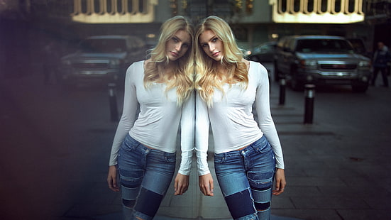 women's white long-sleeved shirt, women, photography, model, mirror, reflection, looking at viewer, long hair, HD wallpaper HD wallpaper