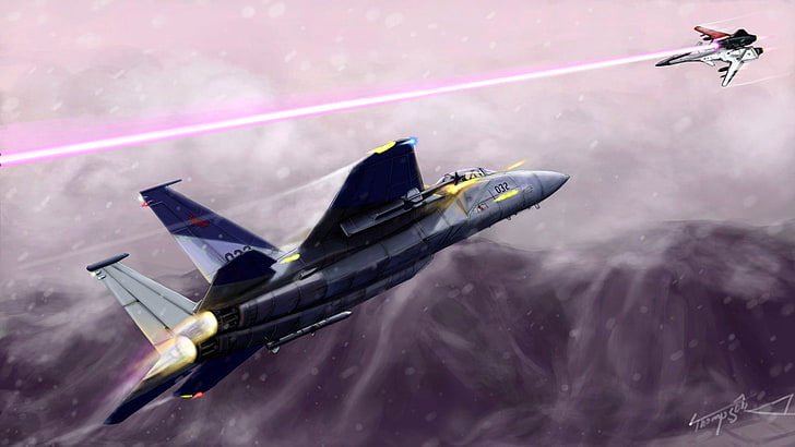ilustracja szaro-niebieskiego odrzutowca, walka asów, f-15, su-47, grafiki fanów, myśliwce, Tapety HD