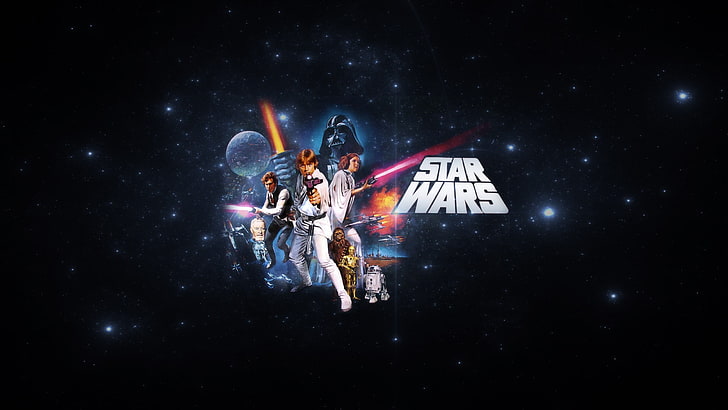 Ilustracja Gwiezdnych Wojen, Gwiezdne Wojny, Luke Skywalker, Han Solo, Księżniczka Leia, Darth Vader, Obi-Wan Kenobi, R2-D2, C-3PO, Chewbacca, grafika, filmy, Tapety HD