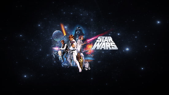 Ilustracja Gwiezdnych Wojen, Gwiezdne Wojny, Luke Skywalker, Han Solo, Księżniczka Leia, Darth Vader, Obi-Wan Kenobi, R2-D2, C-3PO, Chewbacca, grafika, filmy, Tapety HD HD wallpaper