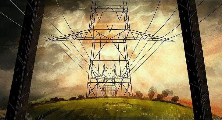 artwork electric sunset utility pole, HD wallpaper