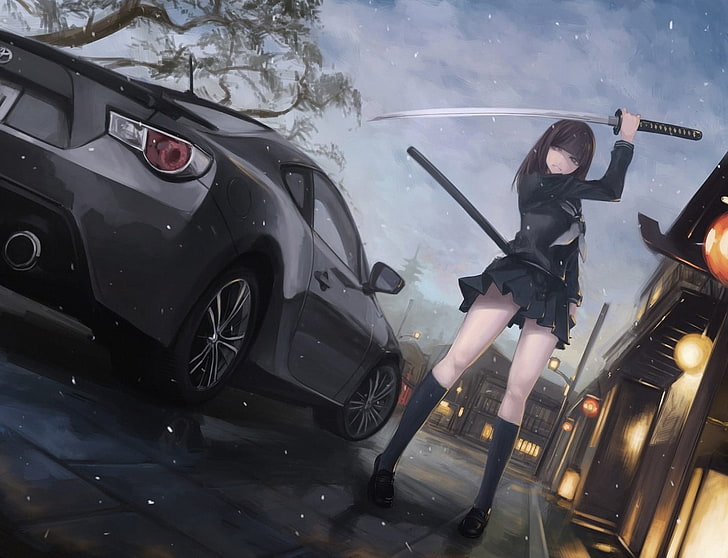 аниме девушка персонаж держит катана цифровые обои, аниме девушки, автомобиль, GT86, Toyota GT86, HD обои