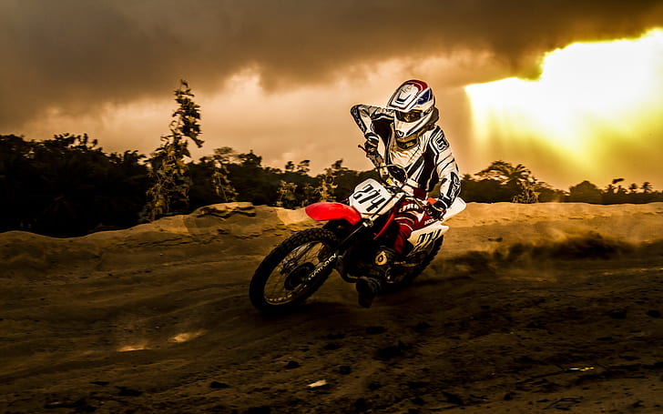 bike, clouds, dirt, motocross, motorbike, motorcycle, racing, rain, sky, sports, storm, sunset, HD wallpaper