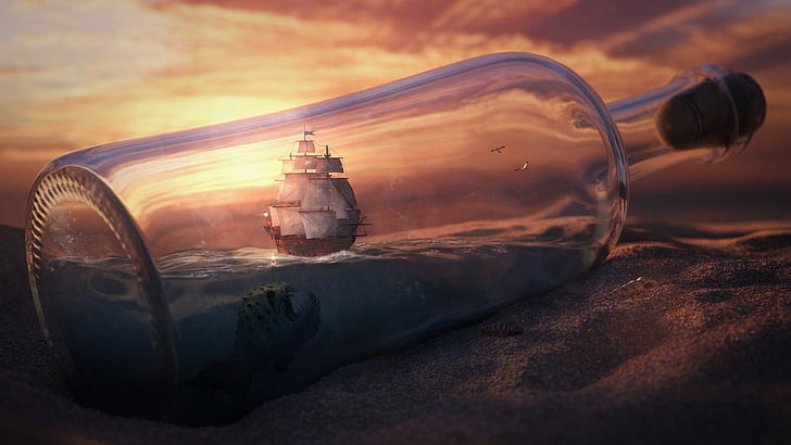 прозрачная стеклянная бутылка, корабль, парусник, бутылки, фэнтези-арт, цифровое искусство, корабль в бутылке, HD обои