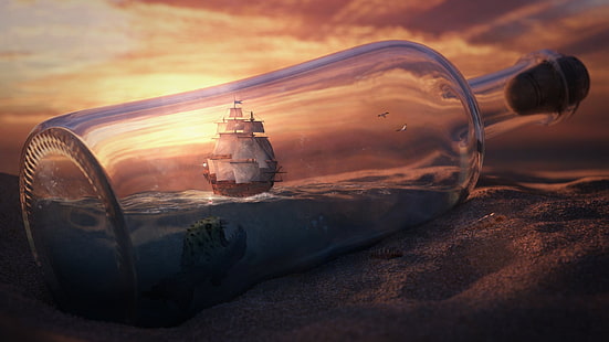 прозрачная стеклянная бутылка, корабль, парусник, бутылки, фэнтези-арт, цифровое искусство, корабль в бутылке, HD обои HD wallpaper