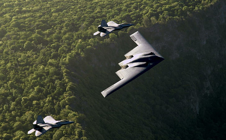 B2 F22, drei schwarze Kampfflugzeuge, b2 Bomber, b2 Spirit, b2 und f22, f22 Raptor, Flugzeuge, HD-Hintergrundbild