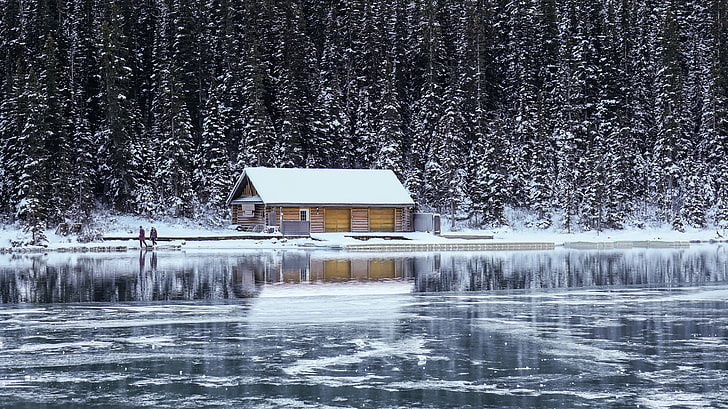 бяла и черна дървена маса, къща, зима, сняг, природа, вода, лед, HD тапет