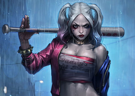 Ilustracja Harley Quinn, deszcz, wędzidło, Harley Quinn, Suicide Squad, Margo Robbie, Tapety HD HD wallpaper