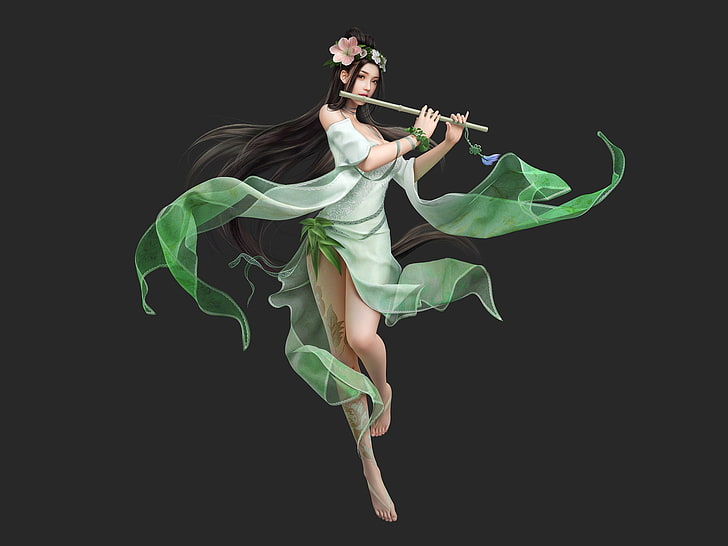 girl, fantasy, flute, HD wallpaper