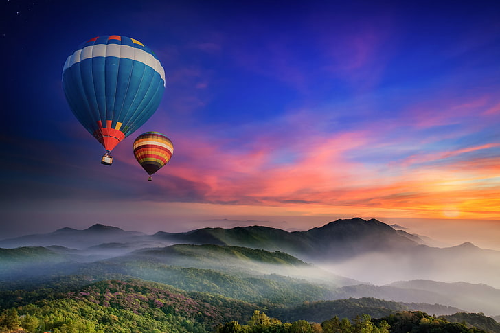 blue and red hot air balloons, forest, mountains, fog, balloons, dawn, morning, HD wallpaper