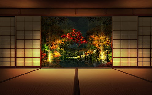 فنية ، يابانية ، داخلية ، يابانية ، شوجي ، شجرة، خلفية HD HD wallpaper