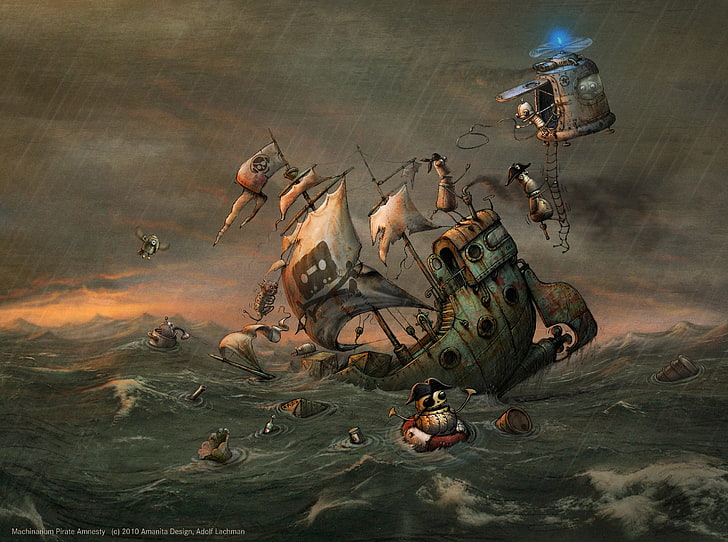 zwei braune und schwarze Pferdefiguren, Segelschiff, Grafik, Fantasiekunst, HD-Hintergrundbild