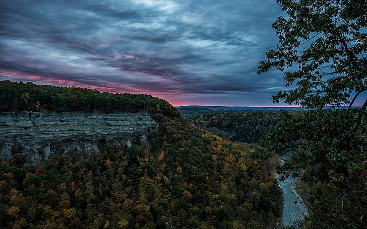 United States, Letchworth State Park, canyon, forest, river, evening, United, States, Letchworth, State, Park, Canyon, Forest, River, Evening, HD wallpaper