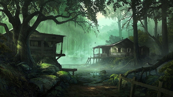 hut, forest, painting, rocks, Fantasy, HD wallpaper
