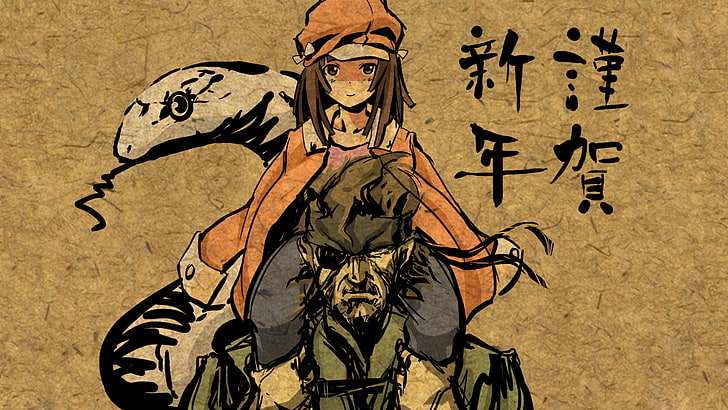 dipinto di donna, Metal Gear Solid, serie Monogatari, serpente, Sengoku Nadeko, Big Boss, anime, Sfondo HD