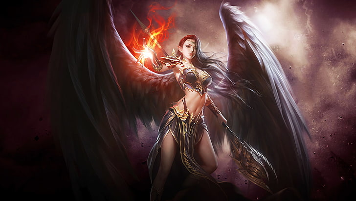 Фэнтези, ангел воин, темнота, огонь, оружие, крылья, женщина, HD обои