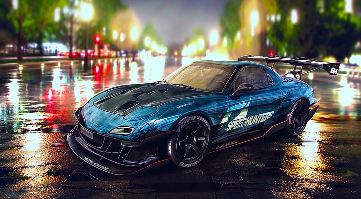 niebiesko-czarne coupe, samochód, Mazda RX-7, tuning, Need for Speed, Tapety HD