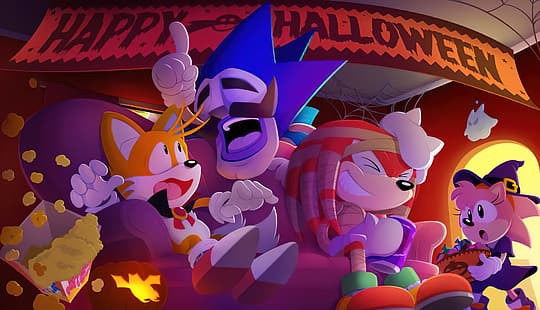 Sonic, Sonic the Hedgehog, Tails (karaktär), Amy Rose, Sega, videospelskonst, Knuckles, PC-spel, Halloween, Halloween-klänning, halloween-kostym, HD tapet HD wallpaper