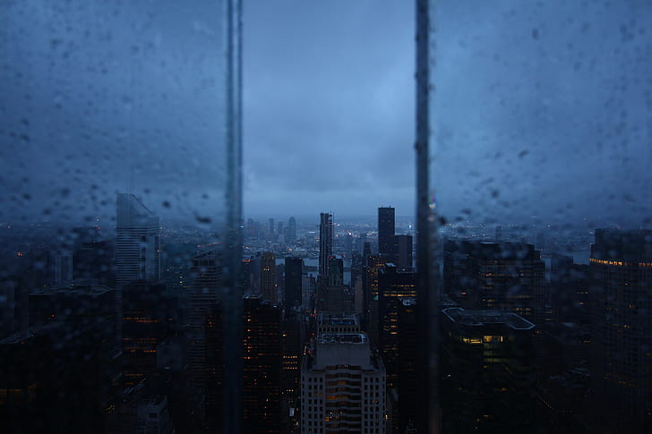 night city, window, rain, skyscrapers, aerial view, HD wallpaper