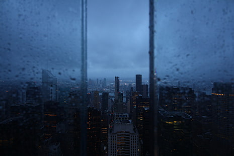 المدينة الليلية ، النافذة ، المطر ، ناطحات السحاب ، المنظر الجوي، خلفية HD HD wallpaper