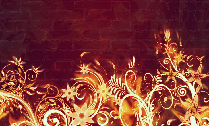 yellow floral illustration, flowers, fire, flame, abstract, burn, HD wallpaper
