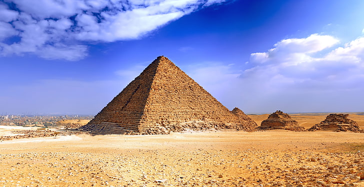 La Grande Piramide, India, piramide, deserto, nuvole, paesaggio, Piramidi di Giza, Egitto, Sfondo HD