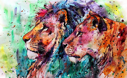 Konstnärlig, akvarell, stor katt, färger, lejon, natur, målning, djurliv, rovdjur (djur), HD tapet HD wallpaper