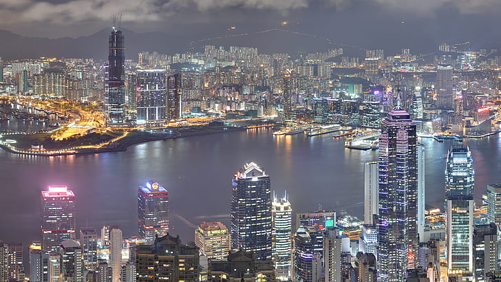 Hong Kong Buildings Skyscrapers Noc HD, oświetlony pejzaż, noc, budynki, pejzaż miejski, drapacze chmur, kong, hong, Tapety HD