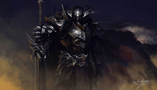 personaje guerrero animado, armadura, caballero, fondo oscuro, arte de fantasía, Fondo de pantalla HD HD wallpaper