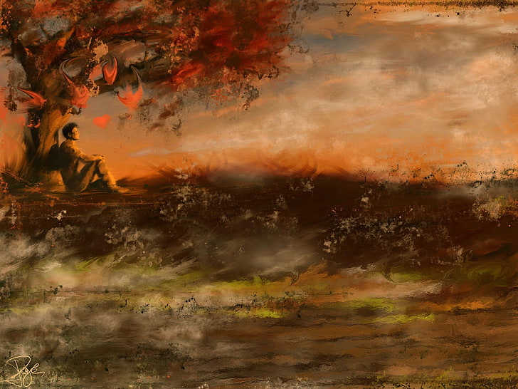 målning av mannen som sitter vid ett träd under gyllene timmen, sorg, höst, figur, HD tapet