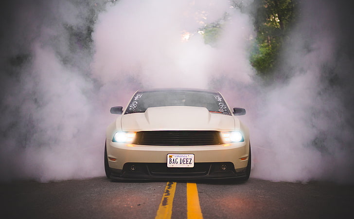 white Ford Mustang, Burnout, tuning, Ford Mustang, muscle cars, car, vehicle, smoke, HD wallpaper