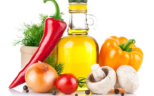 mushroom, pepper, chili, onions, and olive oil, oil, pepper, garlic, vegetables, HD wallpaper HD wallpaper