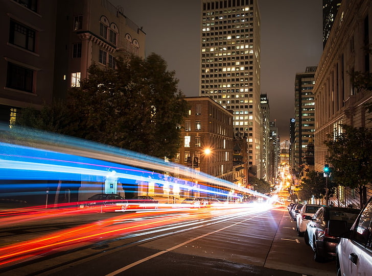 Zeitrafferfotografie von Gebäuden, Lichtspuren, Stadt, Nacht, Langzeitbelichtung, Gebäude, San Francisco, HD-Hintergrundbild
