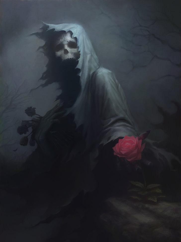 ghost touching pink petaled flower wallpaper, drawing, death, fantasy art, rose, skull, dark, HD wallpaper