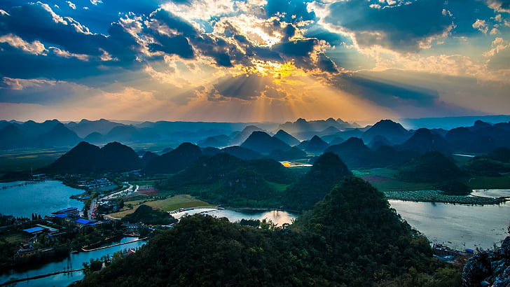 Yunnan, Wenshan, Cina, Puzhehei, area panoramica di Puzhehei, Parco Nazionale, Carso, Asia, picchi, laghi, tramonto, raggio di sole, raggio di sole, raggi, nuvola, cielo, Sfondo HD