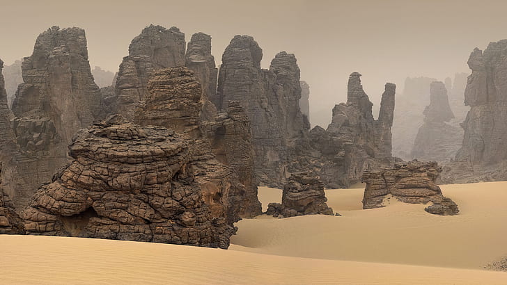 alam, pemandangan, gurun, pasir, batu, Libya, kabut, Wallpaper HD