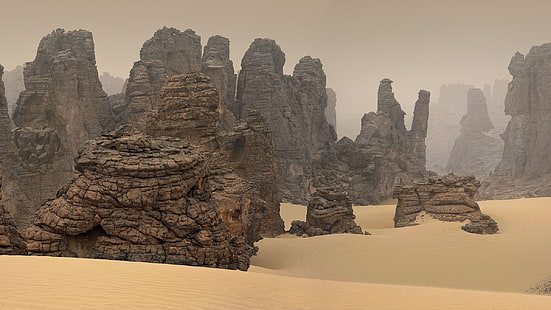 przyroda, krajobraz, pustynia, piasek, skała, Libia, mgła, Tapety HD HD wallpaper