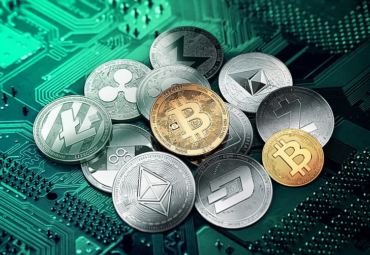 green, coins, cryptocurrency, HD wallpaper