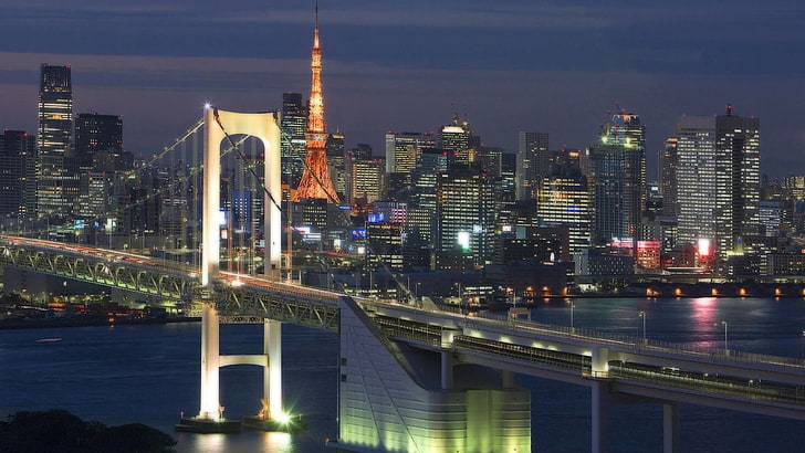 gray suspension bridge, rainbow bridge, tokyo, japan, river, lights city, HD wallpaper