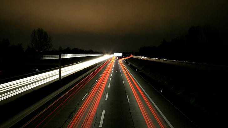 jalan, eksposur panjang, jalur cahaya, lalu lintas, malam, Wallpaper HD