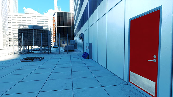 porta rossa chiusa sul tetto, Mirror's Edge, videogiochi, Sfondo HD