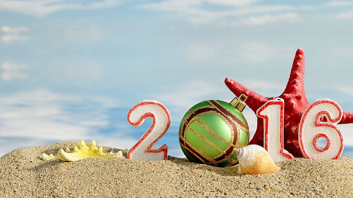 Holiday, beach, new year, 2016 new year, sea, starfish, green christmas bauble and birthday candle 2016 freestanding decor, holiday, beach, new year, 2016 new year, sea, starfish, HD wallpaper