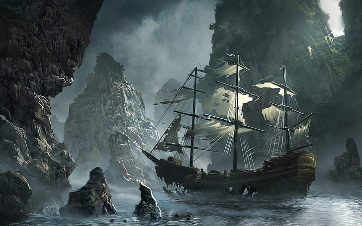 sailing ship, rocks, ocean, abandoned, dark clouds, Fantasy, HD wallpaper