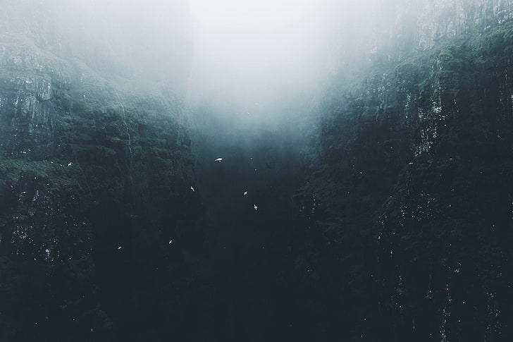 cartel de cascadas, paisaje, acantilado, niebla, Fondo de pantalla HD