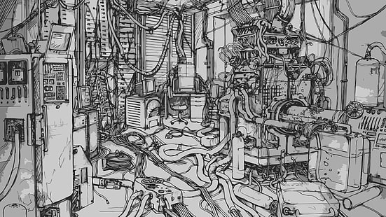 ภาพประกอบเครื่องจักรอุตสาหกรรม, คอมพิวเตอร์, Serial Experiments Lain, สายไฟ, งานศิลปะ, เทคโนโลยี, ขาวดำ, cyberpunk, วอลล์เปเปอร์ HD HD wallpaper