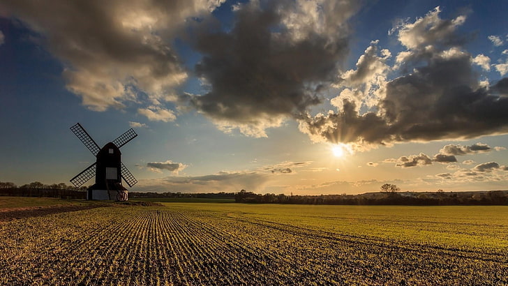 field, mills, summer, windmill, sun, shining, clouds, sunset, nature, HD wallpaper