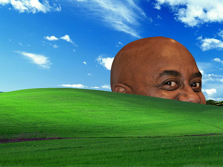 gräs, natur, himmel, svart kille, Ainsley Harriott, lycka, humor, parodi, Windows 98, HD tapet