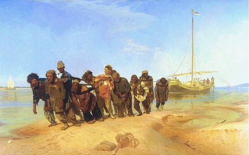 hommes marchant sur le sable en train de peindre, photo, repin, transporteurs de chalands sur la Volga, Fond d'écran HD HD wallpaper