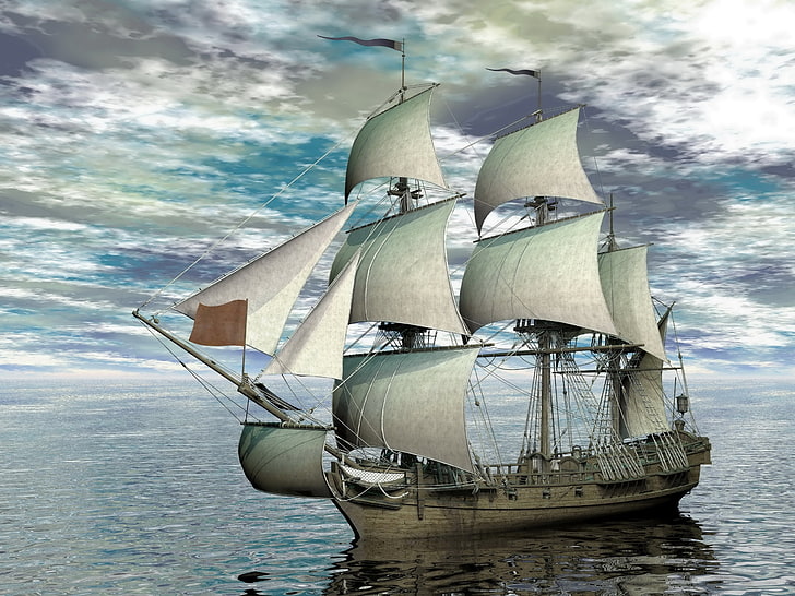 white galleon, photo, The sky, Clouds, Sea, Ship, Sailboat, 3D Graphics, HD wallpaper
